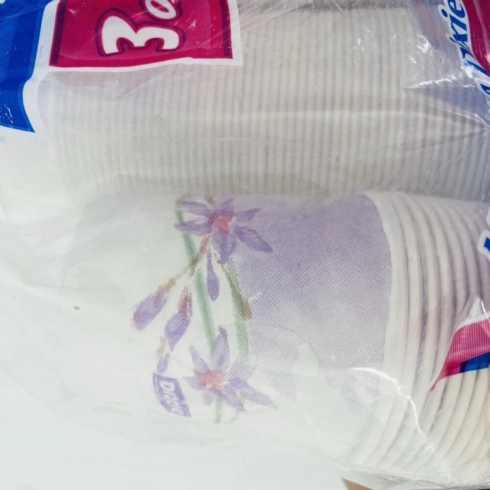 Dixie 3 oz Cold Cups Purple Floral Discontinued Open Bag Approximately 550 Count